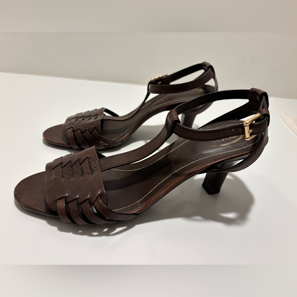 Women's Tod’s Brown Leather Strappy Mid-Heel Sandals